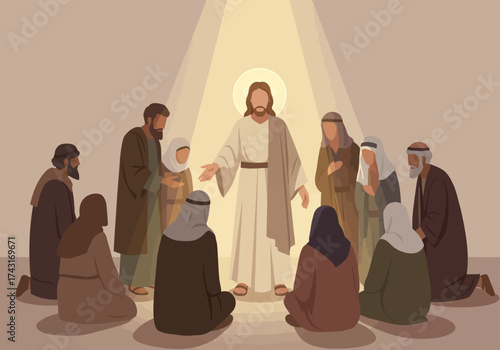 Jesus Christ surrounded by his disciples in a moment of divine revelation.