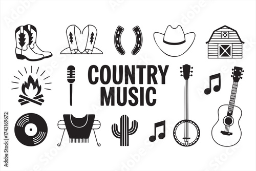 Western music icon set with barn banjo and campfire vector