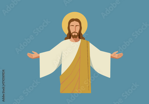 Jesus Christ with open arms and halo illustration.