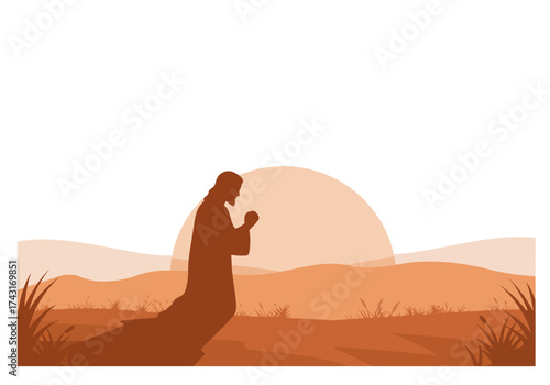 Silhouette of Jesus Christ praying at sunset in a desert landscape.