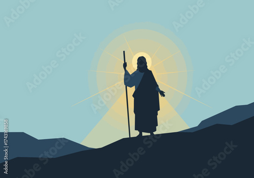 Silhouette of a religious figure with a staff symbolizing spiritual guidance and journey.