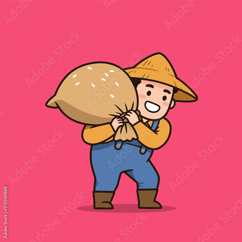 Happy cartoon farmer with straw hat carrying a sack on a pink background.