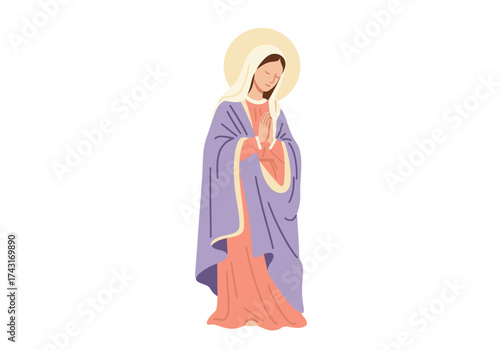 Illustration of the Virgin Mary with a halo and flowing robes.