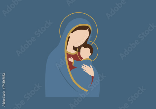 Mother Mary Holding Baby Jesus Religious Illustration.