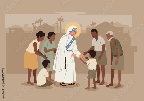 Saint Mother Teresa of Calcutta Helping Poor Children and People.