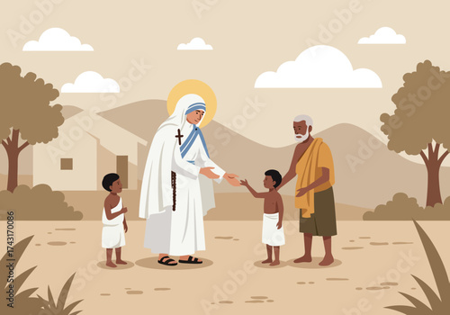 Mother Teresa helping poor children and an old man.