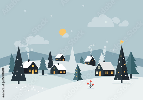 Cozy Winter Village Scene with Snow Covered Houses and Pine Trees.