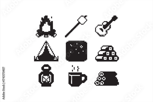 Retro 8-bit camping symbols campfire tent and guitar icons