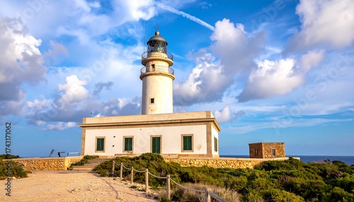 Lighthouse on a scenic cliff under a cloudy sky