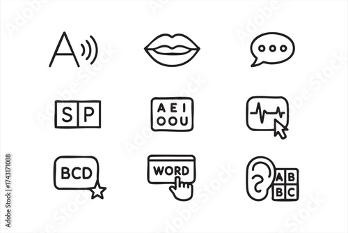 Language learning and speaking black line icon collection