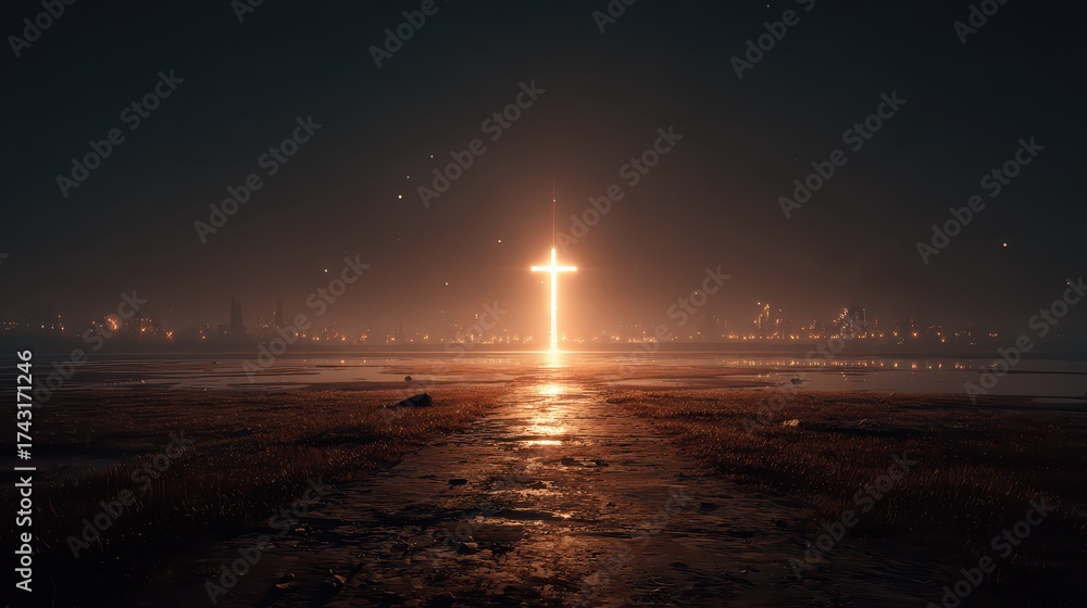 Obraz premium Glowing cross stands over a field, city lights blurry afar. Perfect for faith, religious themes, Easter and hope concepts.