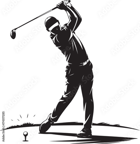 Dynamic golfer swinging club with focus and power