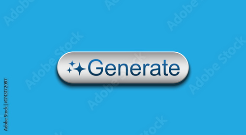 Modern 3D "Generate" button with a shiny effect and sparkle icon on a light blue background. Represents AI, creation, and user interface actions. Simple and clean design element. Vector EPS10.