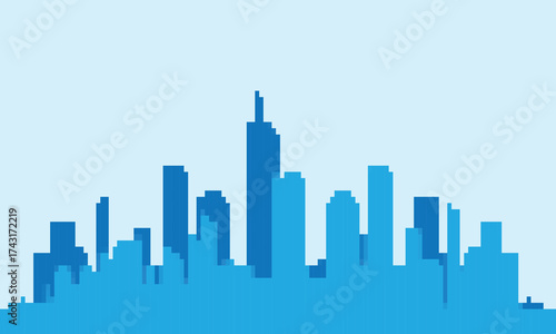 Blue pixelated cityscape on a light blue background. Represents a smart city, digital urban development, and retro 8-bit technology concept. Ideal for gaming or tech design. Vector EPS10.