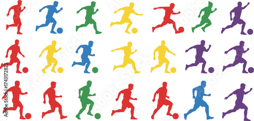 Grid of colorful soccer player silhouettes in action, kicking ball, running, dribbling, dynamic motion, sports diversity, athletic teamwork illustration