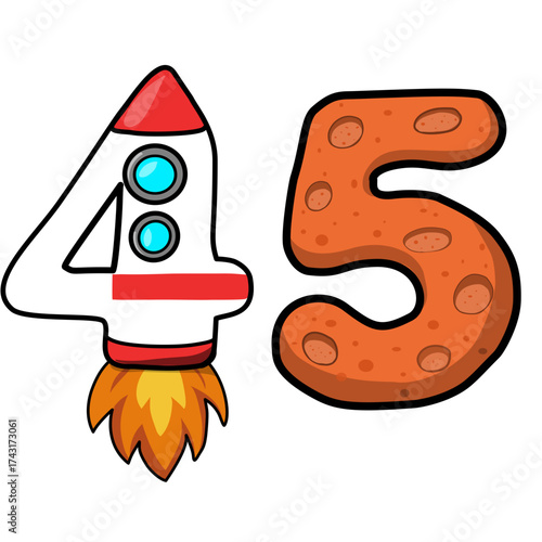 Colorful cartoon number illustration of “4, 5,” with the number 4 designed as a rocket and the number 5 styled like an orange planet surface with craters.
