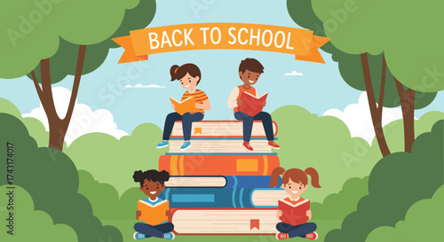 Back to school children reading books outdoors among trees.