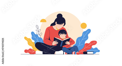 A mother and her child sitting together and reading a book enjoying the quiet moment of learning.