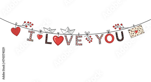 Hand drawn love letters and hearts hanging on a string.