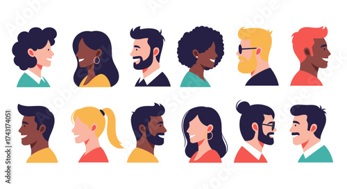A diverse group of people in profile facing each other with different hairstyles and skin tones.