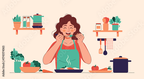 A woman is joyfully tasting her homemade healthy meal in a cozy kitchen.