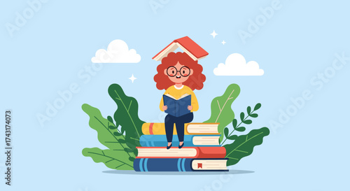 A curious student sits atop a stack of books with a reading light shining on her. Reading is fundamental to learning and personal growth