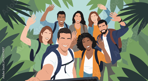 A diverse group of friends excitedly capture a vibrant jungle selfie on their adventurous journey.