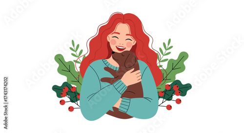 A happy young woman with long red hair embraces her brown puppy dog with a warm and loving hug amidst lush green leaves and red berries.