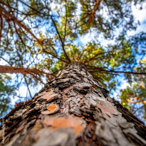 Looking upwards at the trunk of a tall pine tree