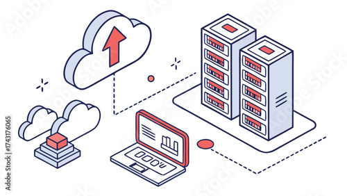 Illustration of cloud computing with server racks laptop and upload symbol for data storage and transfer