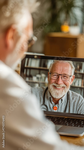 Telehealth services for senior patient, smiling elderly man participating in video call through laptop during virtual consultation, showcasing remote healthcare access and digital independence