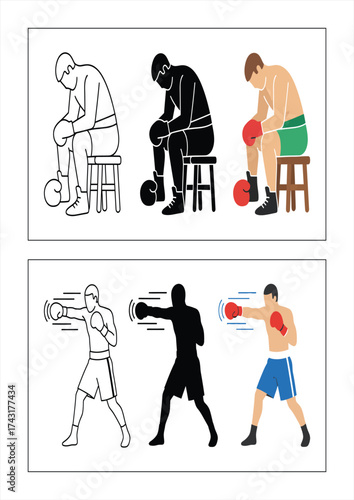 Boxer Graphics Vector Illustration Set Showing Resting And Punching Depictions In Line Art And Silhouette