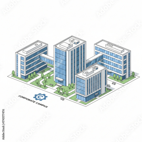 A modern corporate campus with multiple connected office buildings, green spaces, and pathways for business and innovation