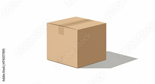 Illustration of a closed tancolored cubeshaped cardboard box with a cast shadow on a white background