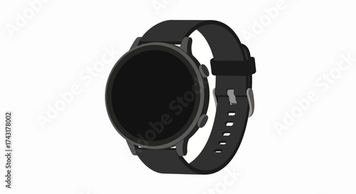 Black smartwatch featuring a round screen and matching strap on a white backdrop