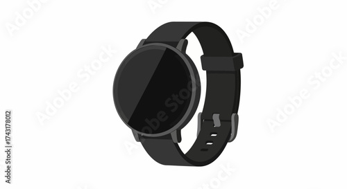 Black smartwatch featuring a round screen and matching strap on a white backdrop