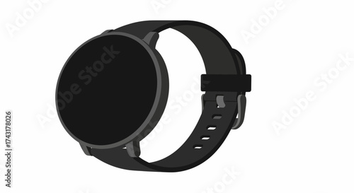 Black smartwatch featuring a round screen and matching strap on a white backdrop