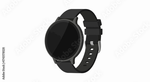 Black smartwatch featuring a round screen and matching strap on a white backdrop