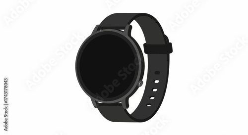 Black smartwatch featuring a round screen and matching strap on a white backdrop