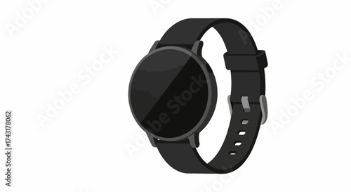 Black smartwatch featuring a round screen and matching strap on a white backdrop