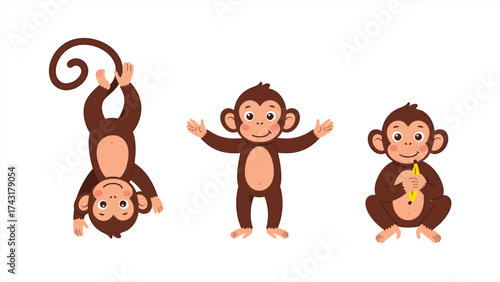 Cartoon Monkeys in Playful Poses with Banana