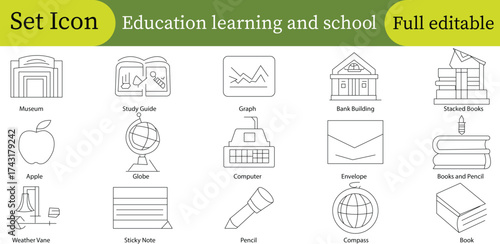 Education Learning and School Icon Set: Museum, Apple, Study Guide, Globe, Graph, Bank Building, Books, Pencil, Computer, Compass, Outline Vector