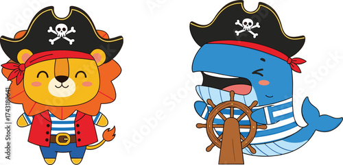 Cute cartoon pirate lion and whale characters, adorable animal pirates with hats, steering wheel, nautical theme for kids illustration design