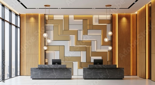 Modern reception area with stylish geometric wall and warm lighting