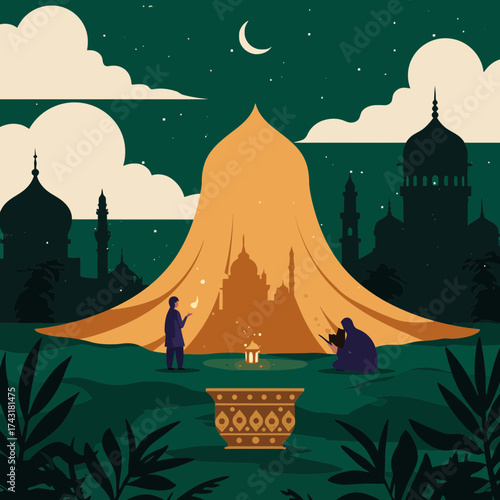 Peaceful Ramadan Night with Illuminated Mosque Silhouette