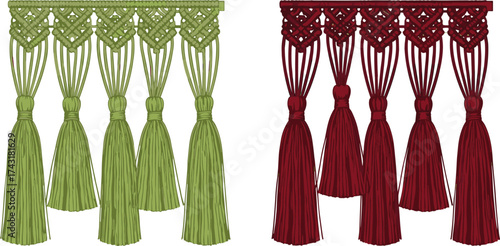 Decorative tassel fringe trim, macrame border design, textile ornament pattern, curtain edge decoration, handmade rope tassels, fabric craft embellishment, home decor accessory