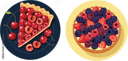 Delicious cherry pie slice and mixed berry tart, sweet dessert, fresh summer fruits, homemade pastry, bakery treats, gourmet food photography