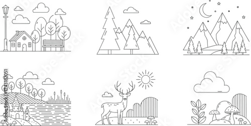 Vector line art landscapes nature scenes outline illustration