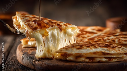Mexican quesadilla with melted cheese stretch, cut piece lifted by fork, rustic table background with copy space 