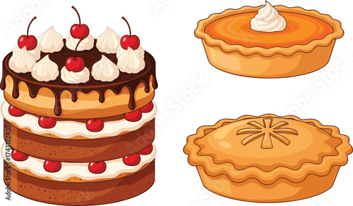 Delicious chocolate layer cake and sweet pies illustration, bakery dessert collection for celebration, pastry design, food art, and confectionery decoration